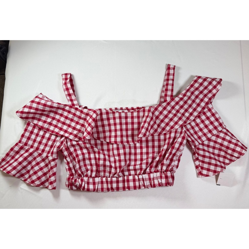 Iris Women Red White Gingham Cold Shoulder Ruffle Crop Top Small